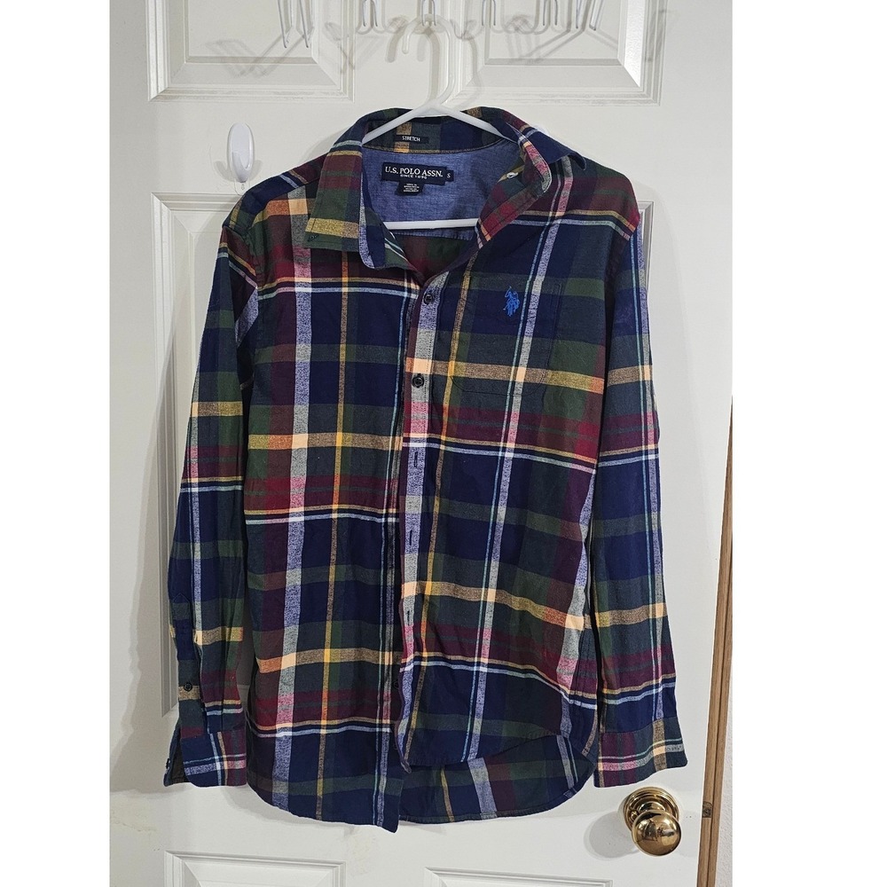 US Polo Assn Mens Small Plaid Button Down‎ Shirt Stretch Long Sleeve Multi Color